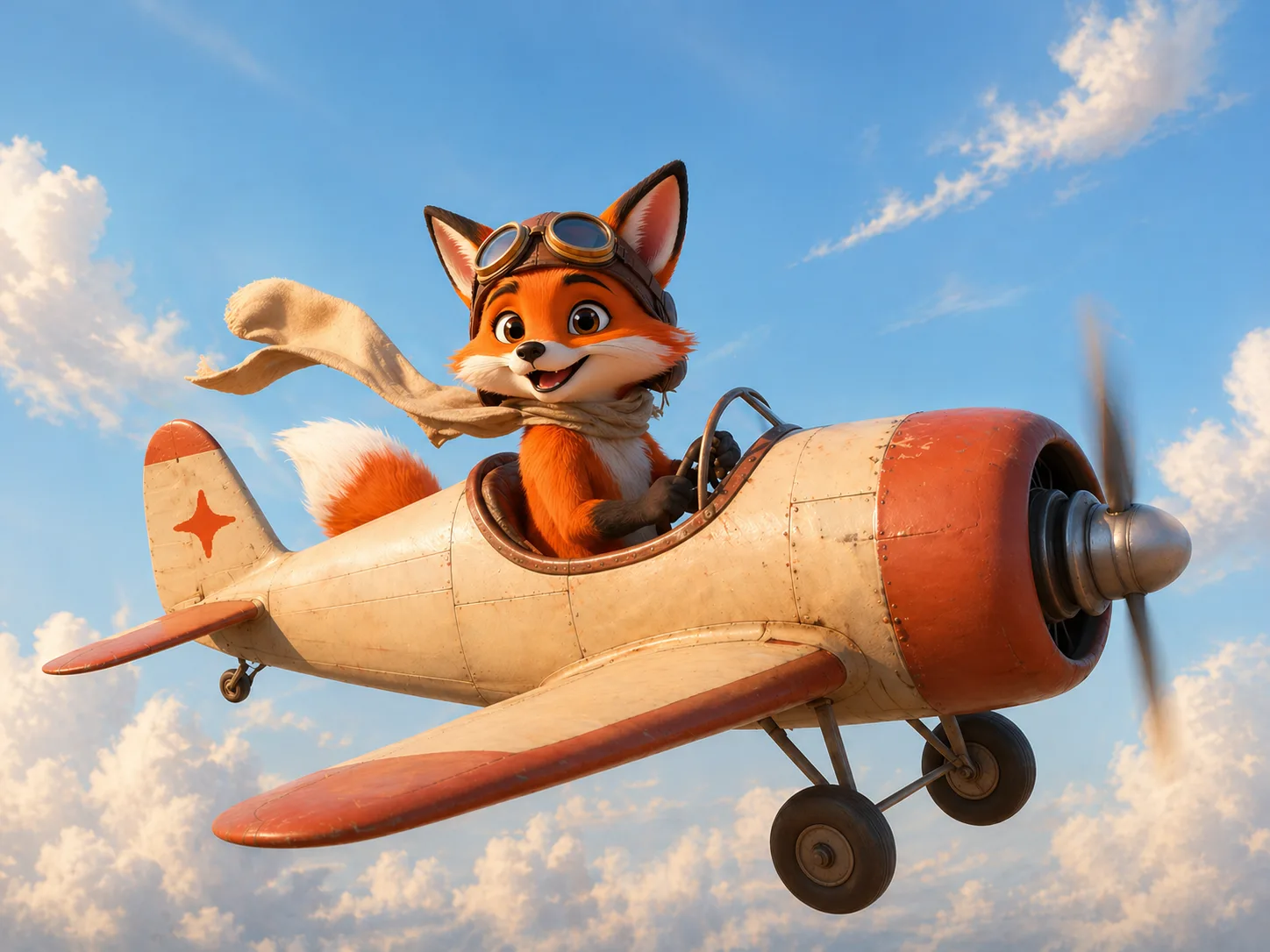 Foxy, la mascota de Candosa, pilotando un avión