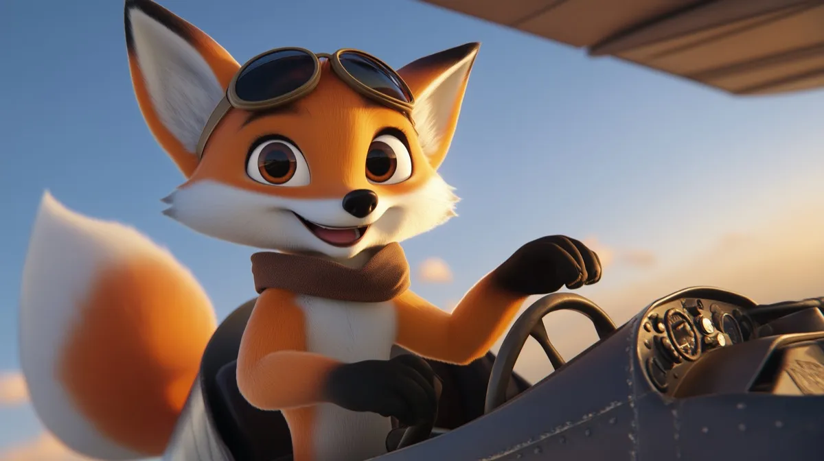 Foxy, la mascota de Candosa, pilotando un avión